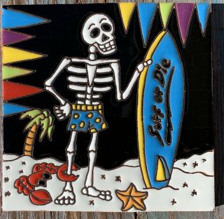 Talavera Pottery 6 " Tile Day Of The Dead Surfer Surf Board Man Bathing Suit Sand