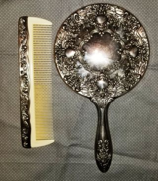 Vintage Antique Ladies Silver Plate Vanity Dresser Set Mirror Comb