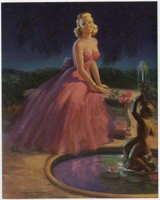 1952 Art Frahm Pin - Up Glamour Girl Moonlight And Roses Vintage Lithograph Print