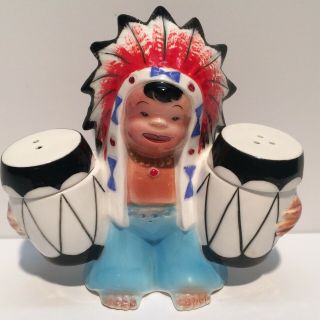 Ucagco Indian Boy Holding Drums Salt Pepper Shaker Set Very Cool & Hard To Find