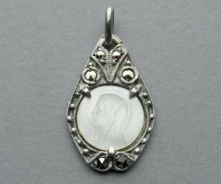 French,  Antique Religious Pendant.  Silver & Mother Of Pearl.  Saint Virgin Mary.