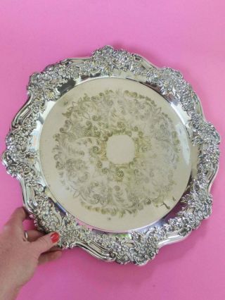 Large 14 Inch Vintage Silver Plated Serving Tray,  Antique,  High Tea Platter