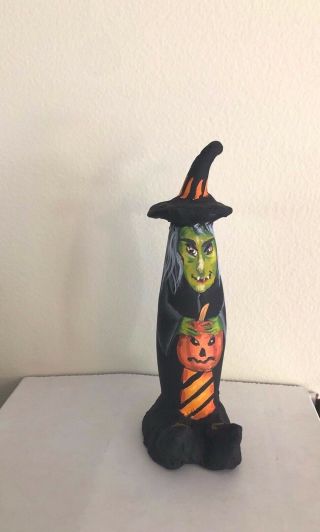 Hand Painted Halloween Witch With Jack O Lantern Gourd / Ann