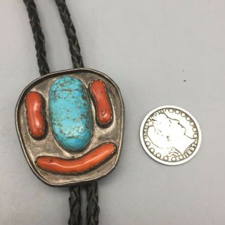 Vintage Coral,  Turquoise And Sterling Silver Bolo - Signed