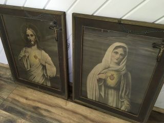 Very Old Sacred Heart Jesus Mary Wood Framed Prints Rosary Crucifix Estate Find