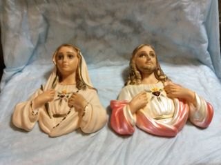 Vtg Plaster Jesus Mary & Joseph Sacred Heart Wall Plaques Hanging Sculptures 10”