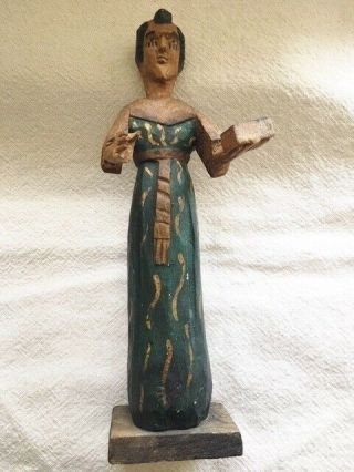 Vtg Primitive Carved Wood Santos Priest W/bible Painted Antiqued Statue 13.  5 " H