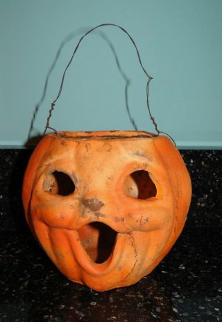 Vintage Style Halloween Jack O Lantern Pumpkin Candy Pail W/wire Handle 5 1/2 " T