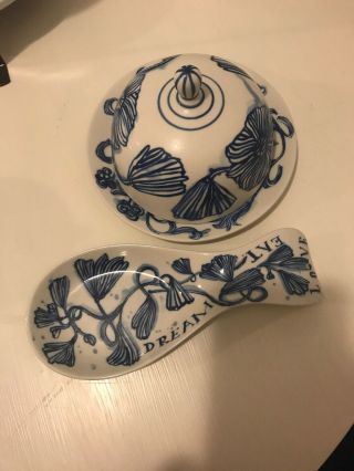 Blue Anthropologie Spoon Rest And Butter Dish Stoneware Eat Love Dream