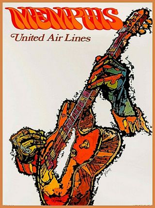 Memphis Tennessee United Air Lines Guitar Vintage U.  S.  Art Travel Poster Print