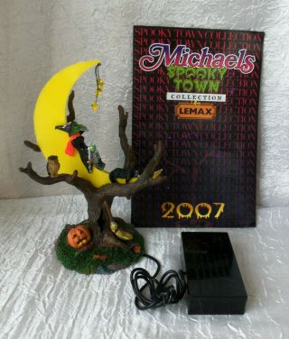 Htf Lemax Spooky Town 2007 Michael Witch Moon Owl & Black Cat Lighted Decor 634