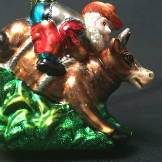 Glass Christmas Bull Rider Santa Claus Cowboy Ornament
