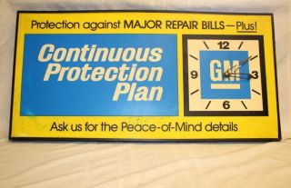 Vintage 1970 Gm Continuous Protection Plan Clock Sign Chevrolet Oldsmobile Cad