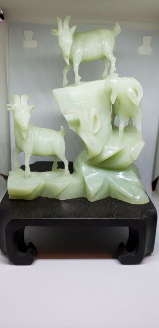 Vintage Hand - Carved Chinese Jade Goats W/wood Stand