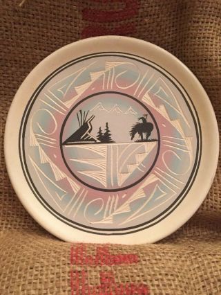 Vintage Navajo Pottery Plate Signed Jaycee Etched Hand Painted Native American