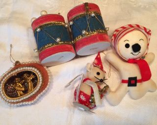 Vtg Japan Flocked Felt Christmas Ornaments 5 - Nativity Drums Mouse Snowman
