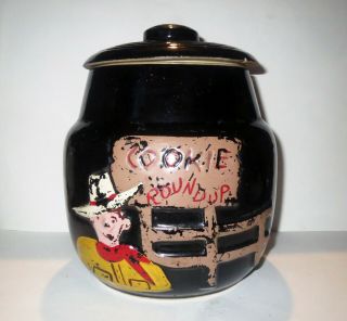 Antique Stoneware Pottery Western Cowboy Round Up Cookie Jar