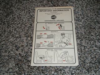 Old Continental Airlines Boeing 727 Safety Card / Emergency Instructions