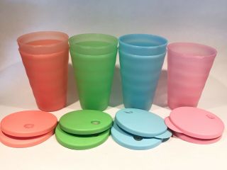 Set Of 7 Tupperware Impressions Tumbler Cups 3515 W/ 8 Straw Lids - 16 Oz 500ml