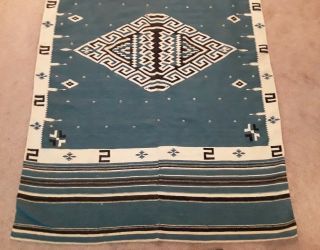 Antique Texcoco Mexican Native Weaving Rug Blue Black Stripe approx 48 x 75 Wool 3