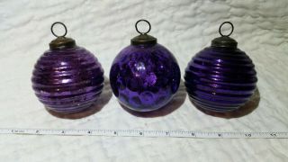 3 Vintage Kugel Purple Heavy Mercury Glass Christmas Tree Ornaments 3.  5 Diameter
