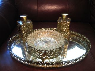 Antique Vintage Vanity 13 " Mirror Tray Dressing Table Gold Brass Ormolu Oval,