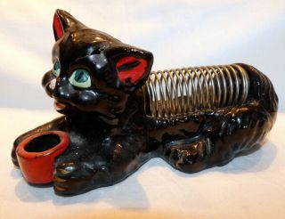 Vintage Ceramic Black Cat Desk Organizer Pen Letter Holder Japan