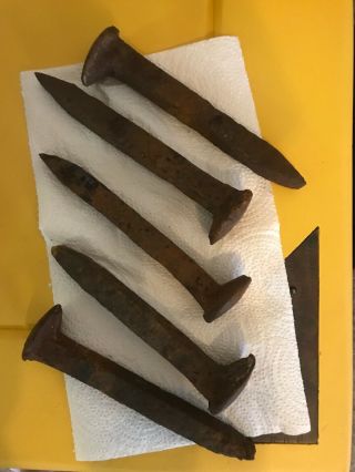 Set Of 5 Old Railroad Spikes,  Rusty,  Assorted Décor,  Art,  Decor Steampunk 6.  5”