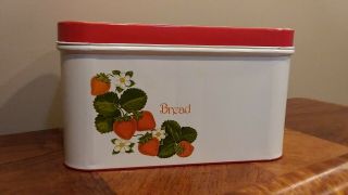 Vintage Metal Bread Box,  Strawberries And Red And White Poka Dots