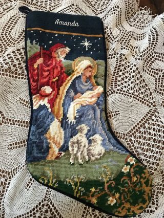 Nativity Christmas Stocking Needlepoint Joseph,  Mary & Baby Jesus Velvet Amanda
