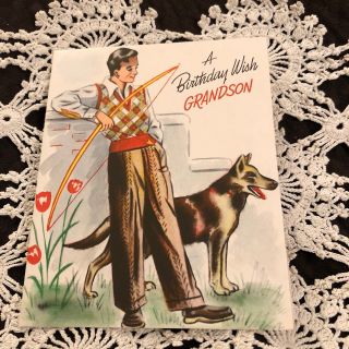 Vintage Greeting Card Birthday Grandson Boy Archery Dog