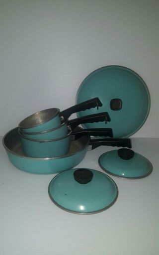 Vtg 7 Pc.  Club Aluminum Turquoise Blue Cookware Fryer Lids Retro Pots Pans