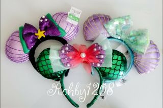Disney Parks Little Mermaid Ariel Minnie Ears Purple Iridescent Seashells.