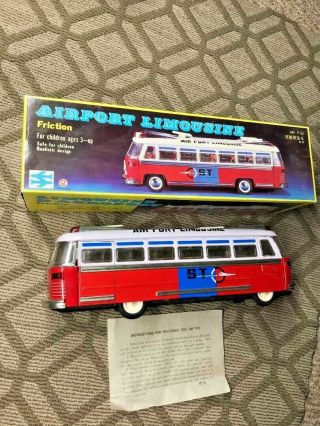 Rare China Mf - 910 Airport Limousine Shuttle Bus Friction Tin Toy With Orig Box