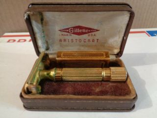 Vintage Gillette Aristocrat Safety Razor Gold Tone W/blade Holder & Case Usa (d4