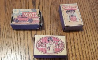 Vintage Pink Tip Wood Matches 3 Boxes Of Advertising Moxie,  Coca Cola,  Dr.  Japan