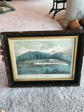 Old Antique Currier Ives Print Steamboat On The Hudson Congress 1869