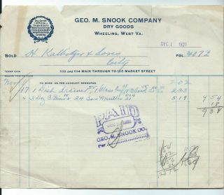 Geo.  M.  Snook Co.  Dept Store - Dry Goods - 1920 Bill Head - Wheeling,  Wv