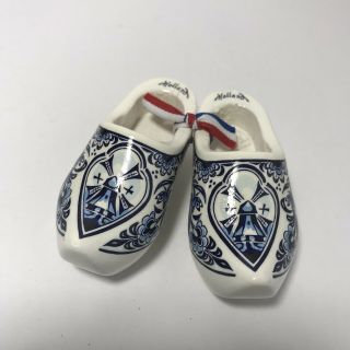 Souvenir Small Wooden White Navy Windmills Shoes Holland Hand Painted Clogs 3.  5 "