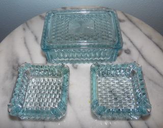 Vintage Ice Blue Glass Lidded Cigarette Holder & 2 Ashtrays - Diamond Pattern
