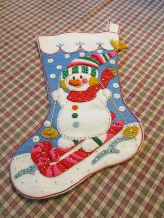 Finished White Felt Christmas Stocking Sequins Applique Snow Man Skiing Tassel