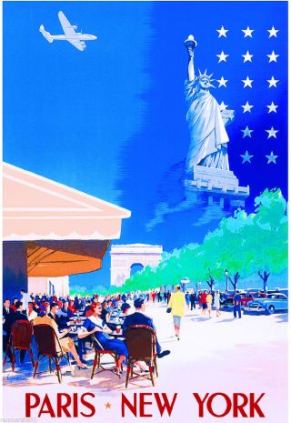 Paris To York Statue Of Liberty United States Travel Advertisement Poster