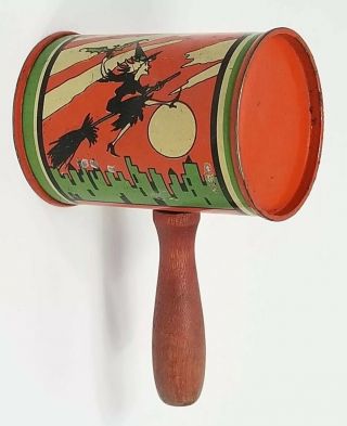 Vintage Tin Halloween Noisemaker - Us Metal Toy Co Can Bell Witch Graphics