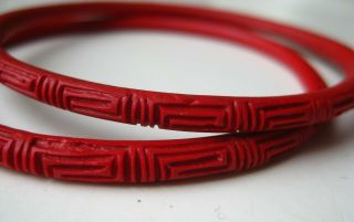 2 Vintage Chinese Carved Cinnabar Red Bangle Bracelets 2