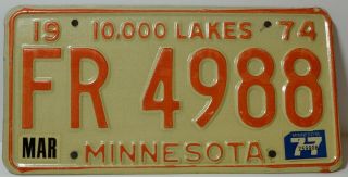 Vintage 1974 Minnesota License Plate Fr 4988 March 1977 Sticker