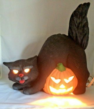 Vintage Halloween Ceramic Mold Lighted Black Cat & Pumpkin 11” H X 10 " W
