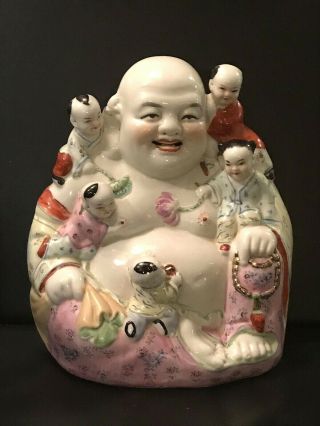 Vintage Laughing Buddha Porcelain Statue With 5 Children (happiness & Good Luck)