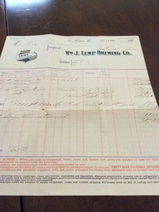 Antique 1912 Wm J Lemp Brewing Co - St Louis (Falstaff) Letter Head Bill 2