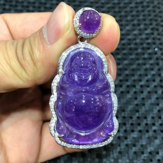 Rare Chinese S925 Silver & Purple Jadeite Jade Handwork Laughing Buddha Pendant
