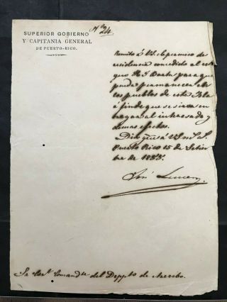 Puerto Rico 1855 Permiso De Residencia En Pueblo,  Firma Gob.  Jose Lemery